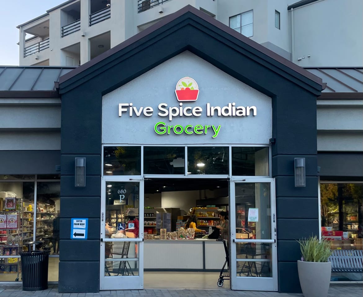 Five Spice Indian Grocery storefront on River Oaks Parkway